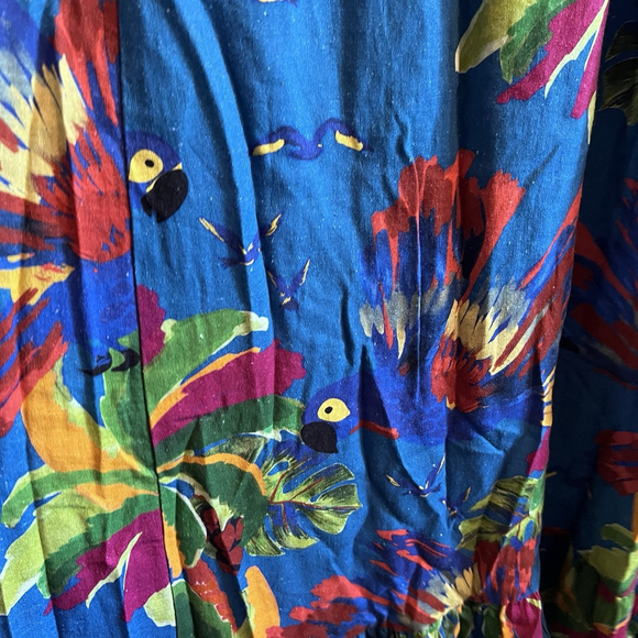 House of Harlow 1960 Large Tropical Parrot Linen Midi Dress Puff Sleeve Blue - Picture 7 of 11